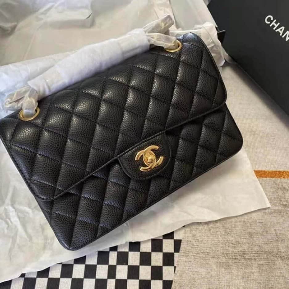 CHANEL Classic Flap Handbag GRAINED CALFSKIN & GOLD METAL